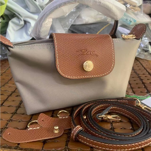 Longchamp Handbags - Longchamp Taupe and Brown Small Nylon Crossbody Bag